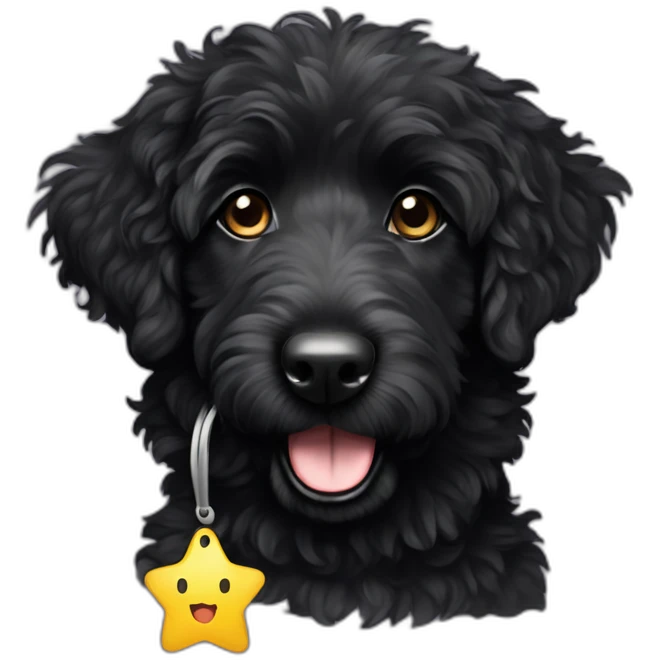 fully black aussie doodle with a star-shaped tag emoji
