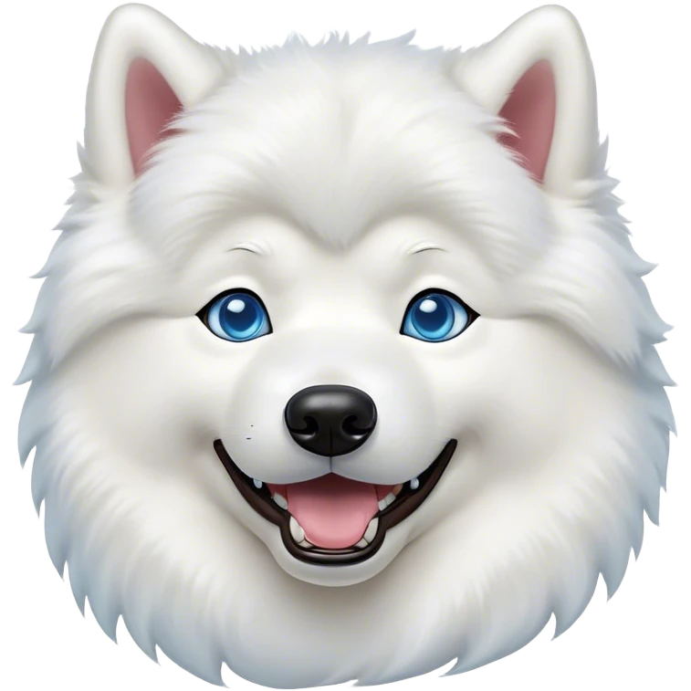 Cinematic Comical Samoyed Portrait Emoji, Head tilted dramatically with an exaggeratedly amused expression, featuring a striking, fluffy white Fur with a radiant sheen, wide, expressive blue eyes filled with playful disbelief, Simplified yet hilariously expressive features, highly detailed, glowing with a slightly sassy glow, high shine, dramatic yet playful, stylized with an air of cheeky mischief, bright and endearing, soft glowing outline, capturing the essence of a spirited and over-the-top companion, so meme-worthy it feels like it could side-eye its way into internet fame instantly! emoji