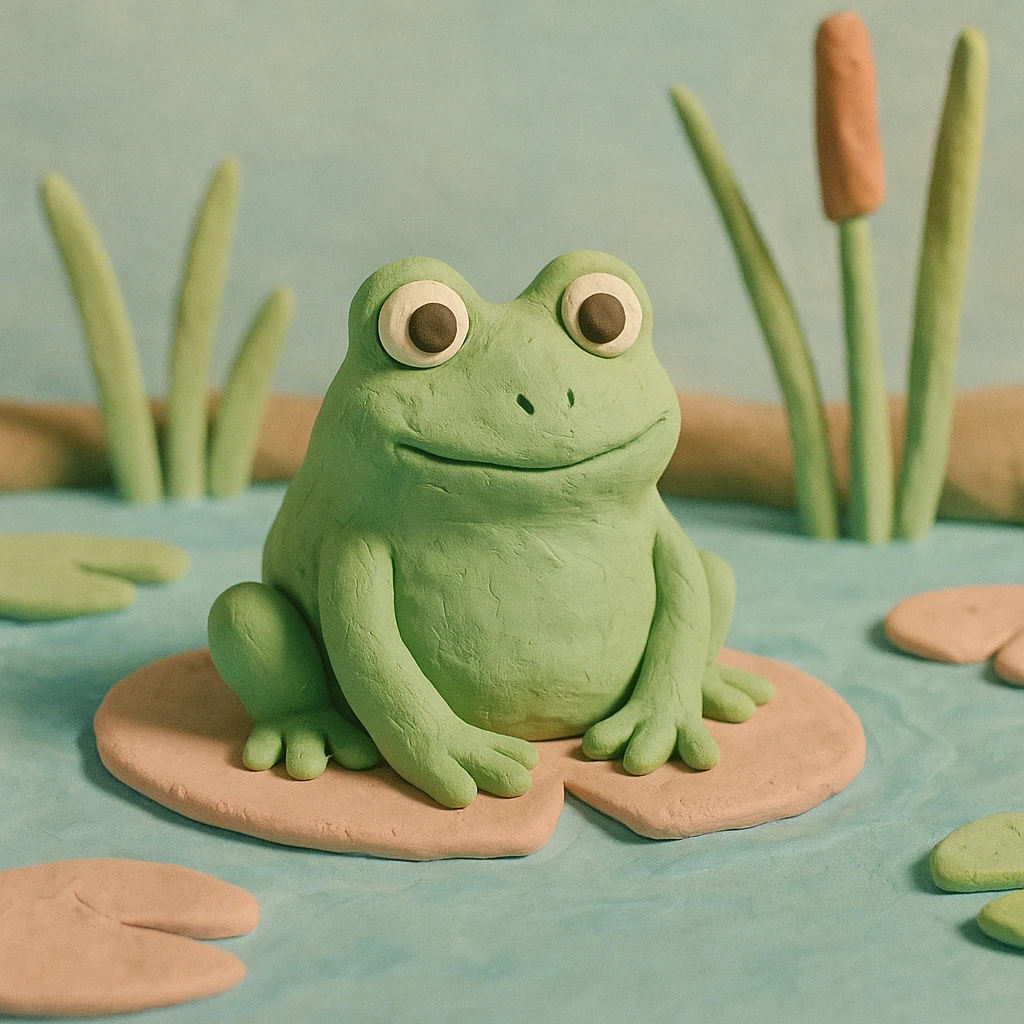 frog sitting in a pond with visible water lilies and reeds, soft pastel colors, claymation style emoji
