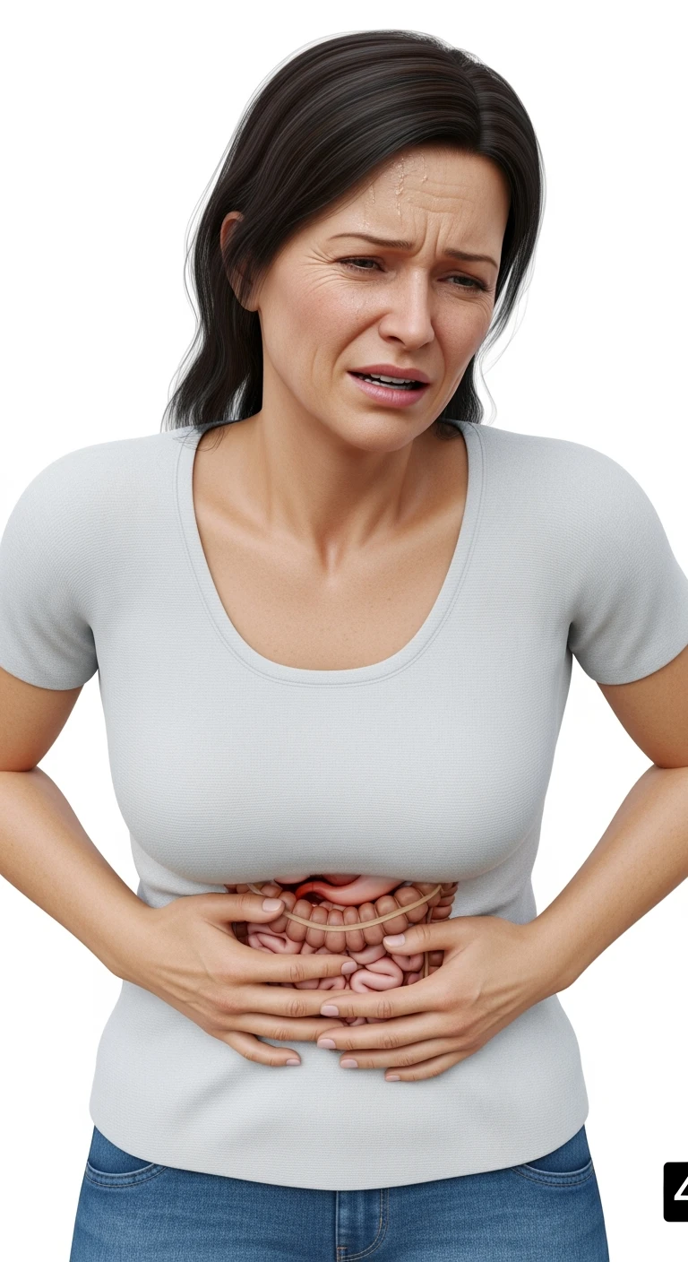 DONNA CHE SI TIENE LA PANCIA DOLORANTE CON INTESTINO VISIBILE, ESPRESSIONE DI DOLORE IN VOLTO, iperrealistico 4k, ISOLATA SU SFONDO BIANCO emoji