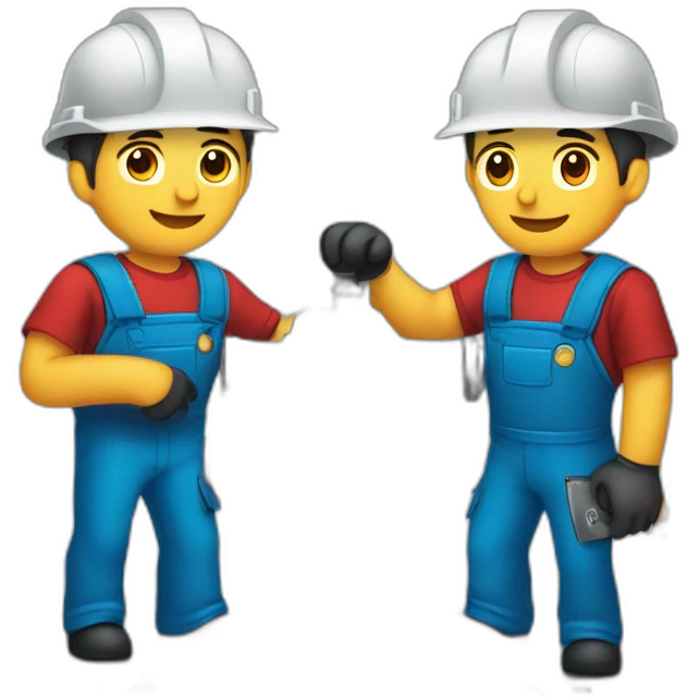 a team of two assembly men, disassembling industrial machinery with red uniforms emoji