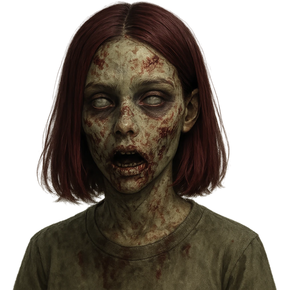 zombie girl with medium length straight burgundy hair, eyebrow slit emoji