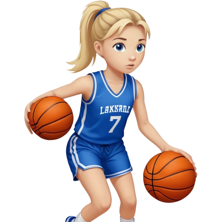 Fair skinned girl with blonde hair tied in a ponytail and blue eyes dribbling a basketball in a blue basketball kit with the number 7 with white, determined expression emoji
