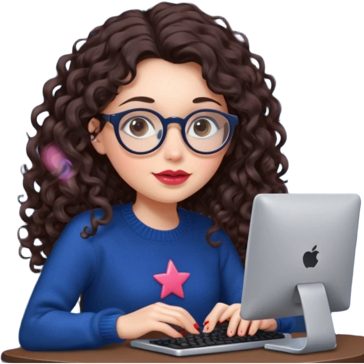 a white young woman with very long curly dark brown/chocolate hair typing in a computer. she's using round glasses, her lips are light red and her cheeks slightly pink. Her eyes are dark brown. She's using a dark blue knit sweater that has a tiny star in the middle   emoji