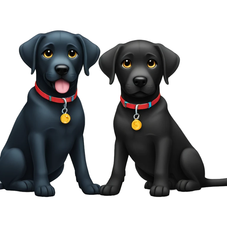 black-coloured labrador on the left with red collar, black-coloured labrador on the right with light blue collar. emoji