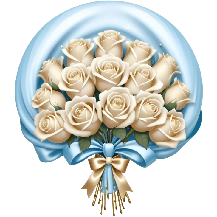 A backdrop of pearlescent ivory silk, draped like flowing water, provides the perfect setting for an exquisite bouquet of snow-white and pale blue roses, bound with a luxurious satin bow in soft beige. The ribbon’s ends curl gracefully, intertwining with delicate strands of pearls resting beside the bouquet. Above, a selection of metallic pearl balloons in warm champagne, opal white, and soft gold drifts effortlessly, their reflections creating a luminous, serene glow that enhances the timeless elegance of the scene. emoji