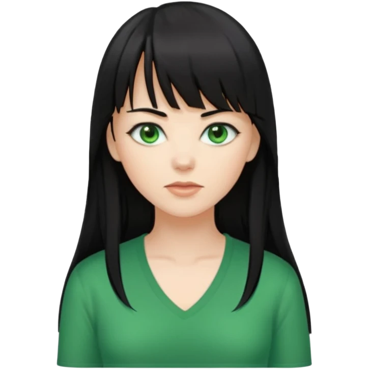 A white woman with Long straight hair with bangs, black hair, green eyes and a low-cut shirt emoji