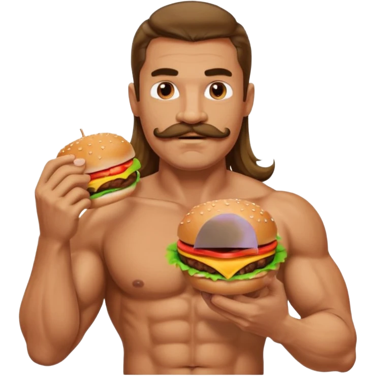 jacked guy with long hair and a mustache eating a burger with his shirt off emoji