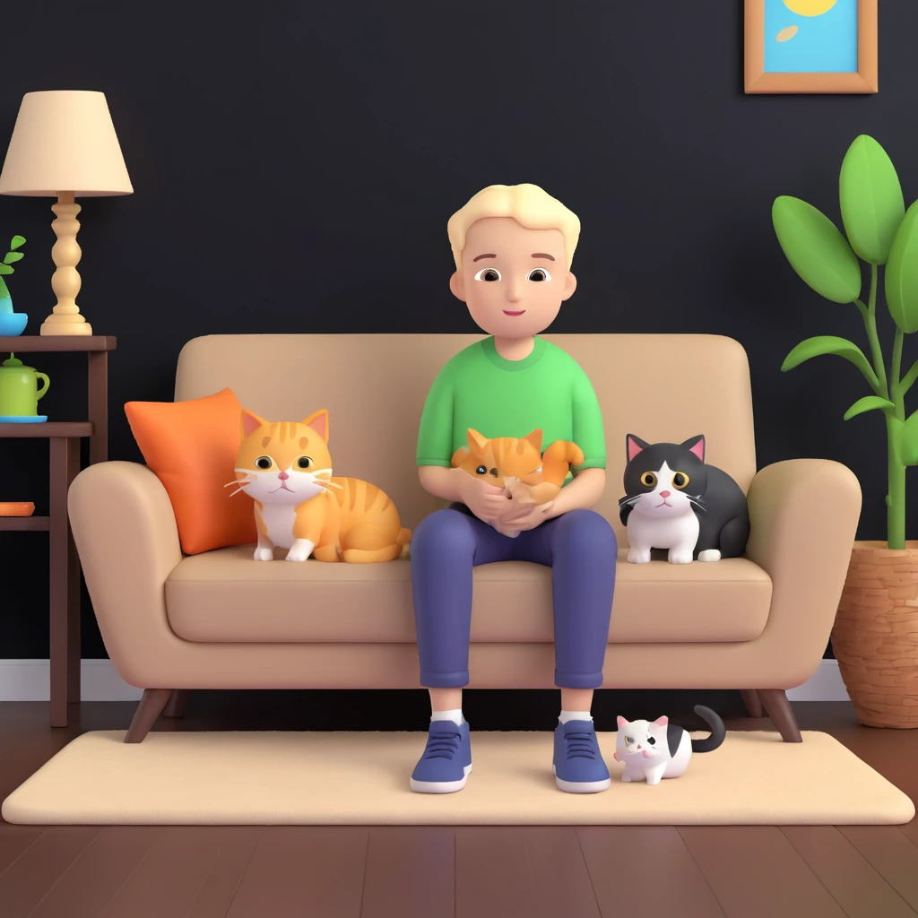 boy and cat pet, living room background emoji