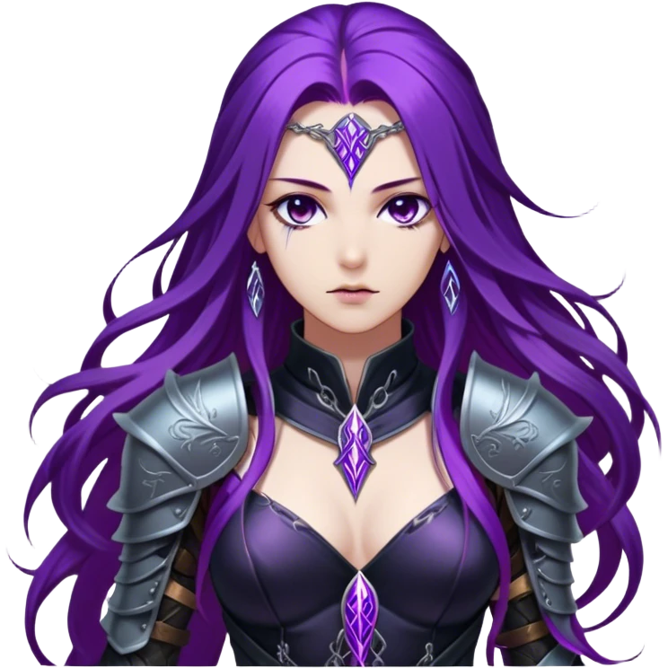 A mysterious warrior girl with long, flowing purple hair cascading down her back, strands catching the dim light like silk. Her piercing violet eyes glow. She wears sleek black armor, a perfect fusion of elegance and lethality, adorned with intricate silver engravings resembling ancient runes.  emoji
