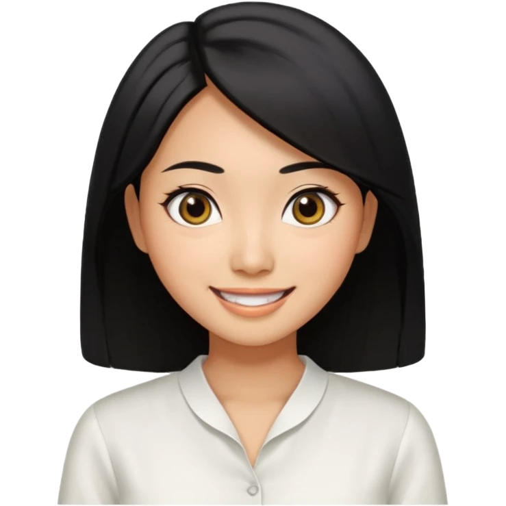 30 yr old asian woman center parted hair big eyes big smile tanned skin straight black hair hippie part hair white blouse shoulder length hair middle parted hair emoji