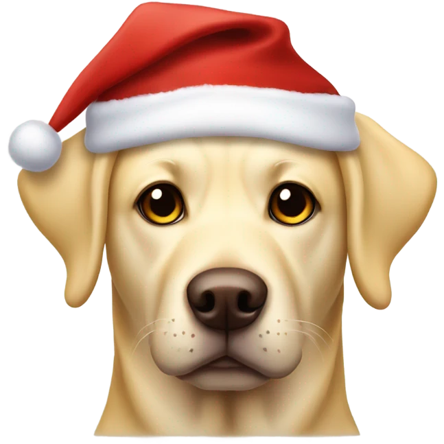 Yellow Labrador with big brown eyes wearing a floppy Santa hat emoji