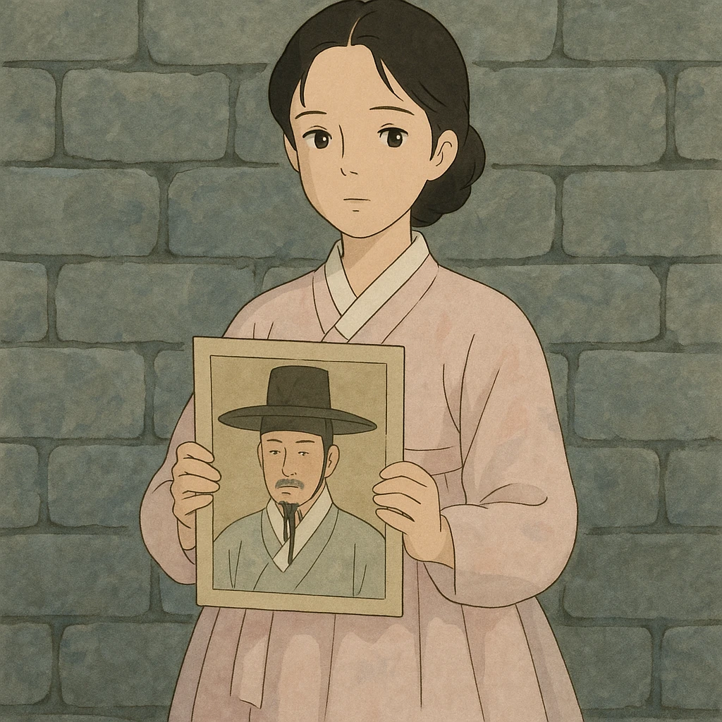 a young woman in a pale pink sheer hanbok holding a traditional Korean portrait in front of a grey stone wall, muted color palette, serene mood, ghibli style emoji