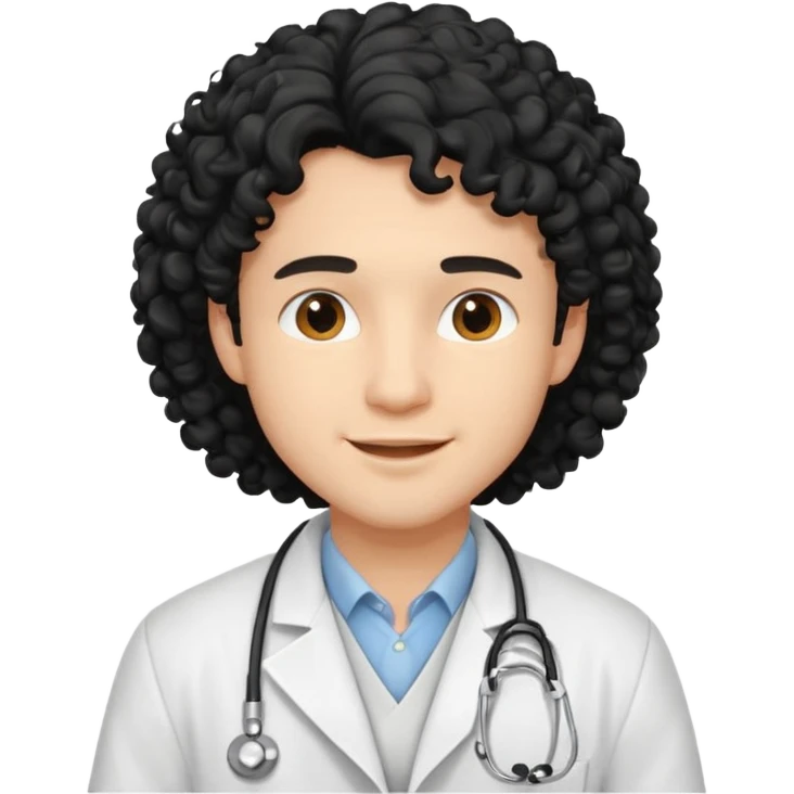 a young male doctor with black long curly hair and cheerful face emoji