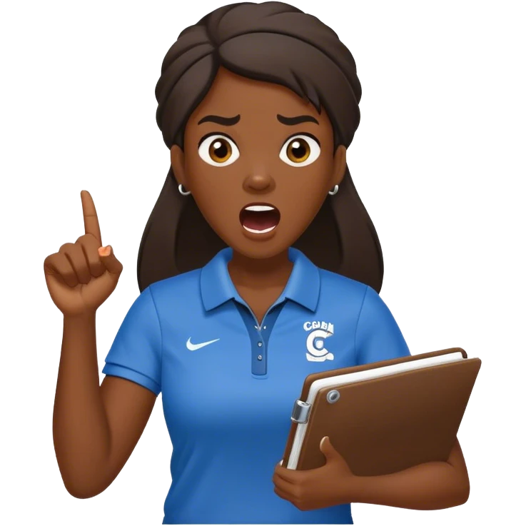 yelling female sport coach with coach wear(with LockIn written on it) and holding a notebook emoji