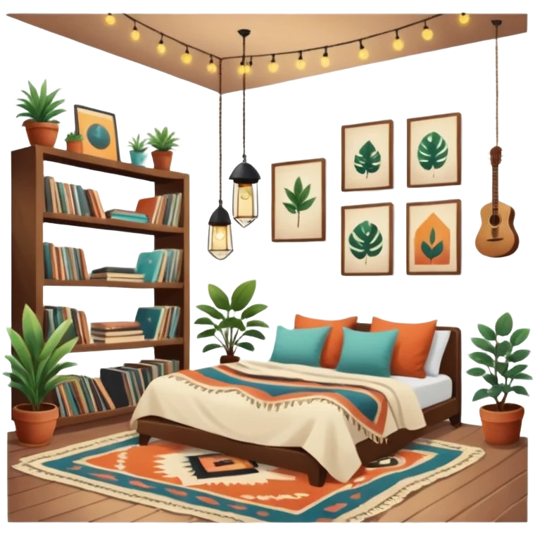 cozy indie room with record collection, hanging plants, boho rugs, vintage posters, string lights, cozy throw blankets emoji