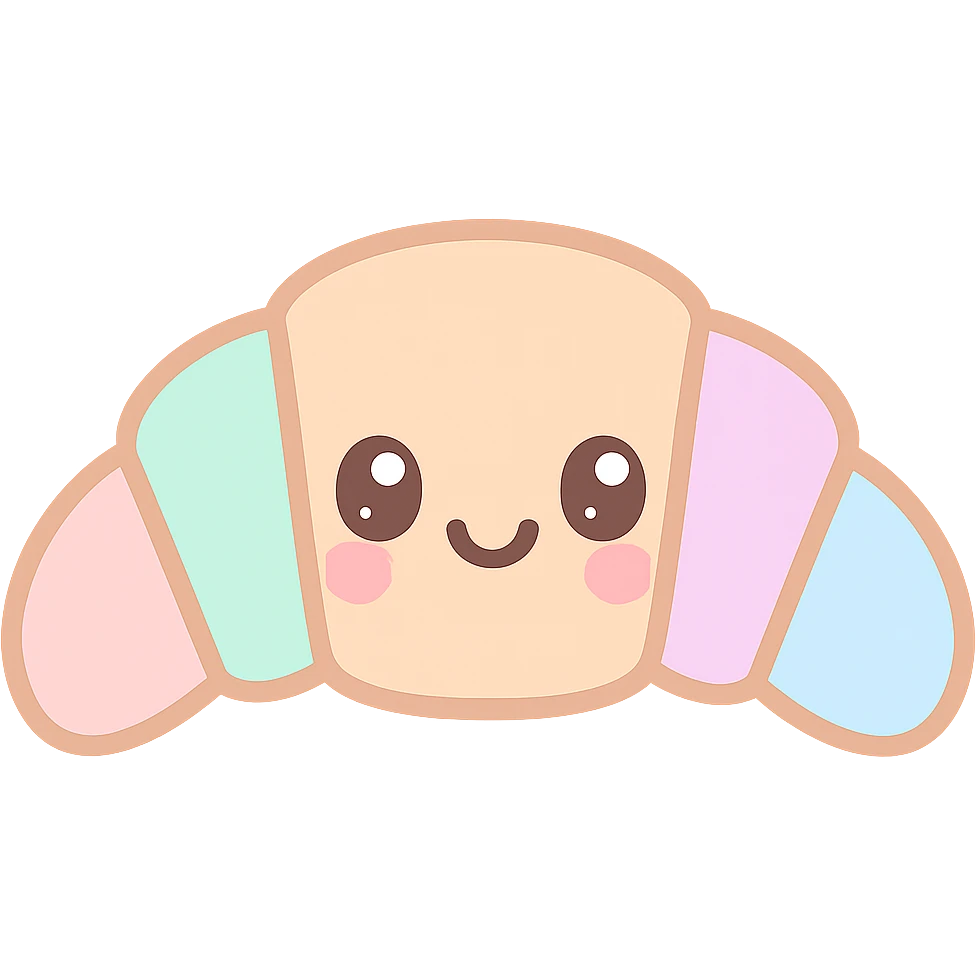 kawaii style croissant, cute smiling face, pastel colors, big eyes, blushing cheeks, adorable and sweet emoji