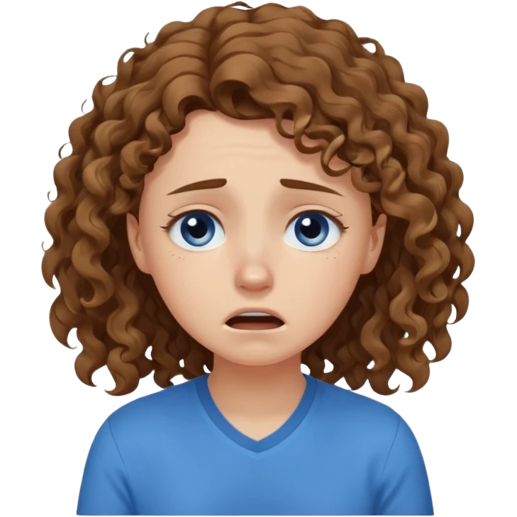 white young curly long hair girl, brown hair, with a blue shirt, in despair crying emoji