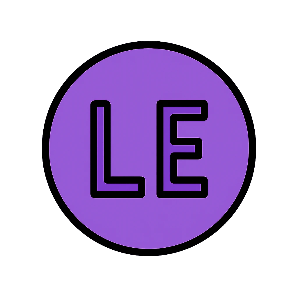 Change the entire interior of the circle to purple color, keep the letters 'LE' in uppercase and black color, centered inside the circle, in lineal color icon style with black outlines. emoji