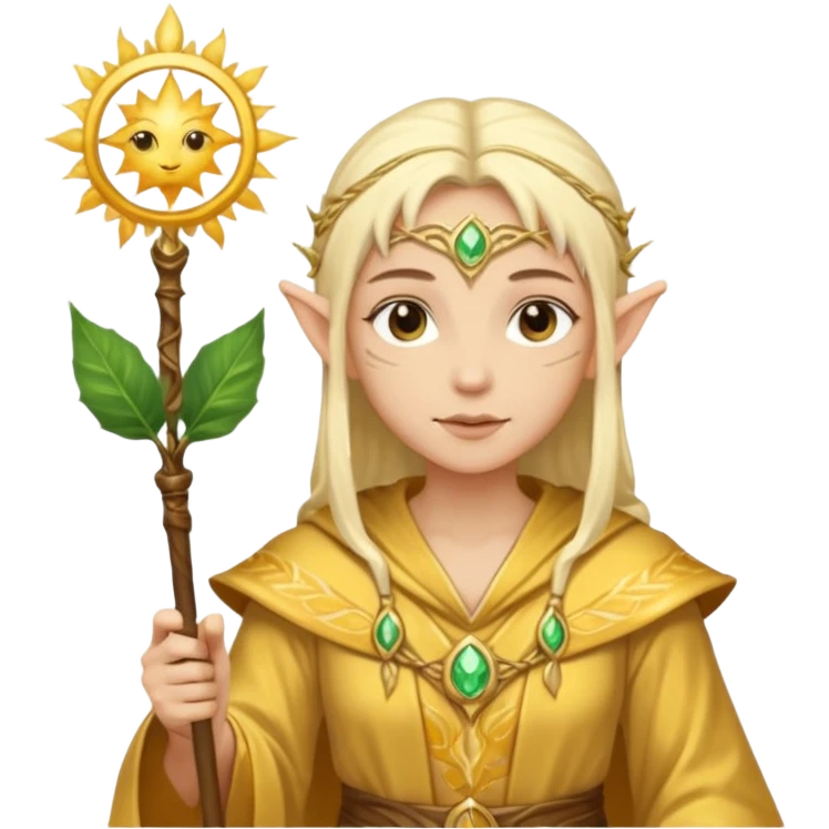 {
      "type": "human",
      "look": "light elf healer, golden robe, staff with leaf and sun motif",
      "description": "a light elf healer wearing a golden robe and holding a staff with leaf and sun symbols"
    } emoji