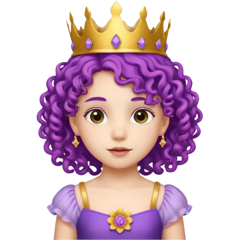 Princesses kid girl, with Gold Crown and flower on purple curly hair, with white dress emoji
