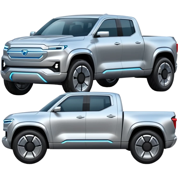 A futuristic electric pickup truck emoji, silver chrome body, angular cyber design, smooth metallic panels, subtle reflections, minimalistic proportions, iOS emoji style, centered composition, clean white background, soft lighting emoji