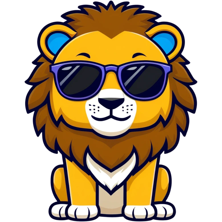 charismatic lion face emoji, majestic golden brown mane, cool reflective sunglasses, wide inviting smile, bold simple cartoonish style, no distracting background emoji