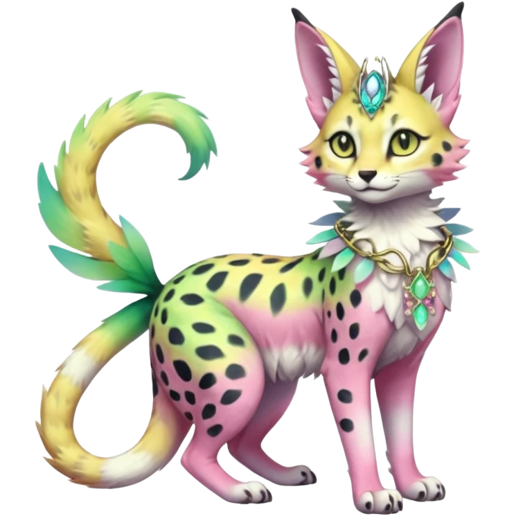 Epic complex knightly divine glorious futuristic detailed dark dusky gloomy pastel pink-pastel-green-pastel-yellow-white-gradient-iridescent, realistic Fakémon-Sprigatito-Floragato-Meowscarada-Trico-Sergal-Serval-Vernid-creature (full body) with bracelets and anklets and fairy wings emoji