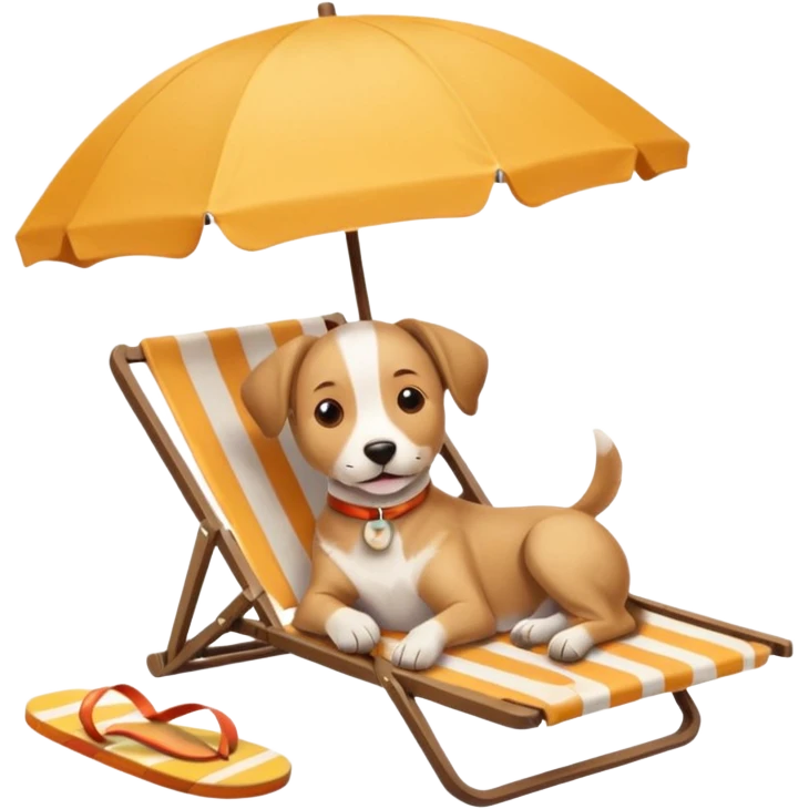 a dog laied on a beach chair, a sunny beach, a sun umbrella, and flip flops the icon should capture the essence of a relaxing beach vacation with a carefree atmosphere emoji