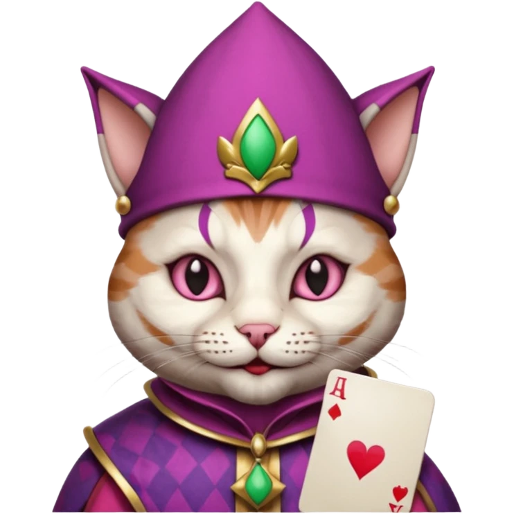 court jester cat medieval, single poker card joker clearly visible, pink, face only, round badge,  court jester cap emoji