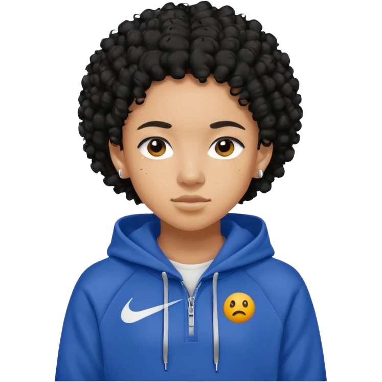 Blasian teenager wearing a nike hoodie with black curly hair and ears pierced emoji