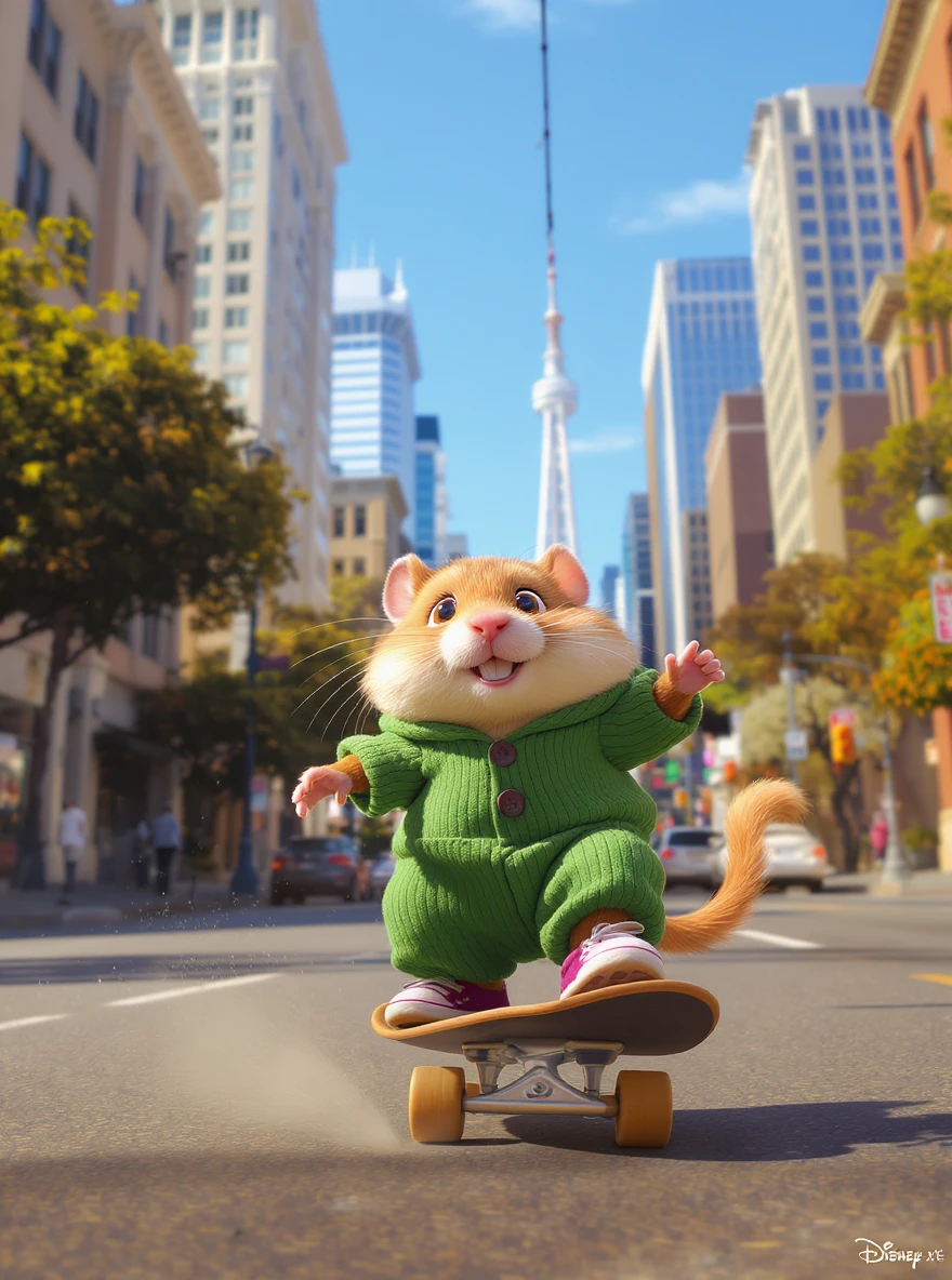 Disney style Cinematic still scane, Low angle shot, hamster dress in green outfit, monkey ride on skateboard, san francisno downtown with city lanscape, blue clean sky, captured by ARRI Alexa XT, soft cinematic lightning, back light, inspired by ToyStory 4 emoji