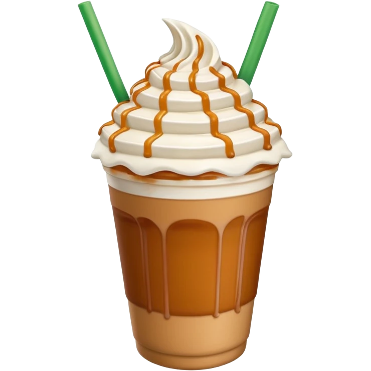 A 3D cartoon cup of caramel frappuccino topped with whipped cream and caramel drizzle, green straw, no logo, frosty texture, soft lighting, Memoji-style. emoji