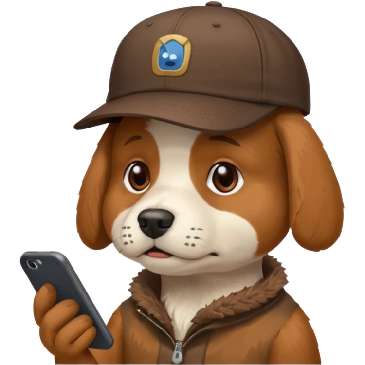 dog with a DeGould branded cap who is sad at his mobile phone emoji