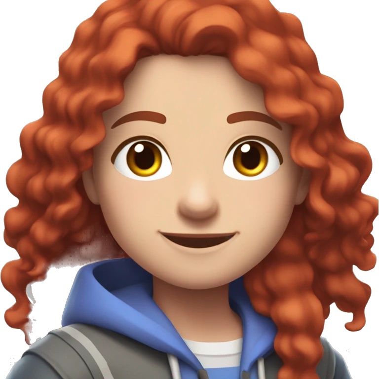 a white girl with long red curly hair and freckles, wearing periwinkle Minecraft hoodie playing a videogame smiling emoji