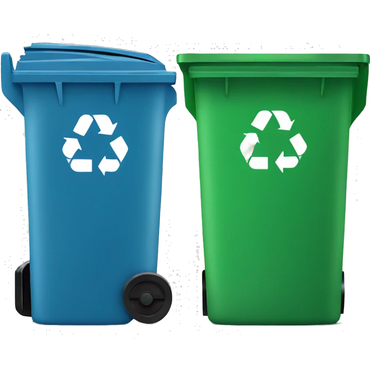 A blue trash can with a lid next to a green recycling bin with a lid emoji