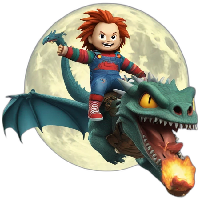 Chucky on a dragon flying to the moon emoji