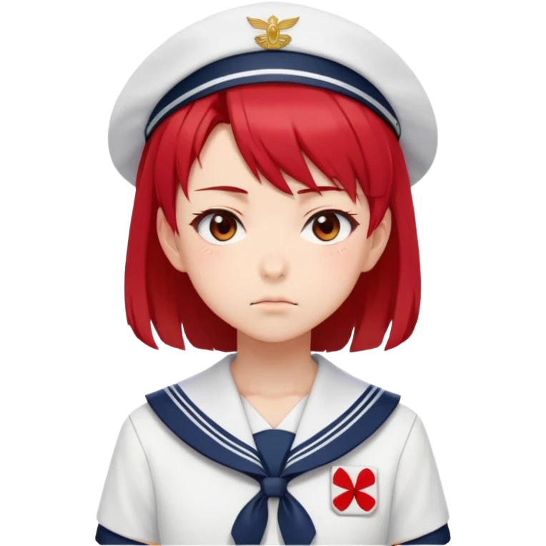 Serious anime girl with short bright red hair wearing Japanese sailor style school uniform, intense gaze and slight frown, disciplined posture emoji