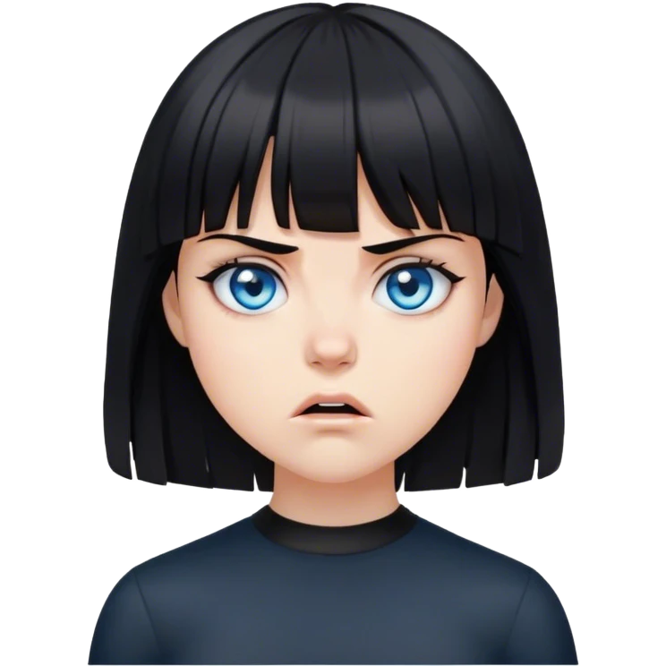 Girl angry wearing black with black medium length hair with bangs and blue eyes emoji