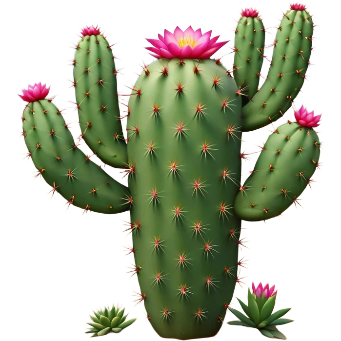 Cinematic Realistic Cactus Emoji, Tall and spiny, with thick, rounded stems covered in sharp spines. Bright flowers bloom at the tips of some branches, adding a pop of color against the desert backdrop. Soft glowing outline, capturing the essence of strength, survival, and desert beauty in a striking cactus! emoji