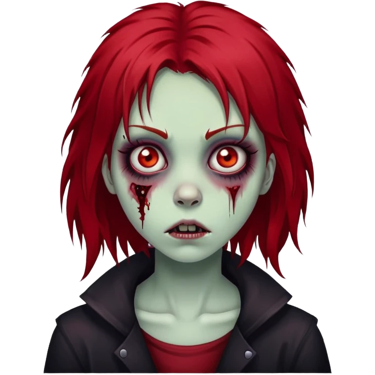 girl zombie with red medium-long shaggy emo hair, dark and spooky, creepy expression emoji
