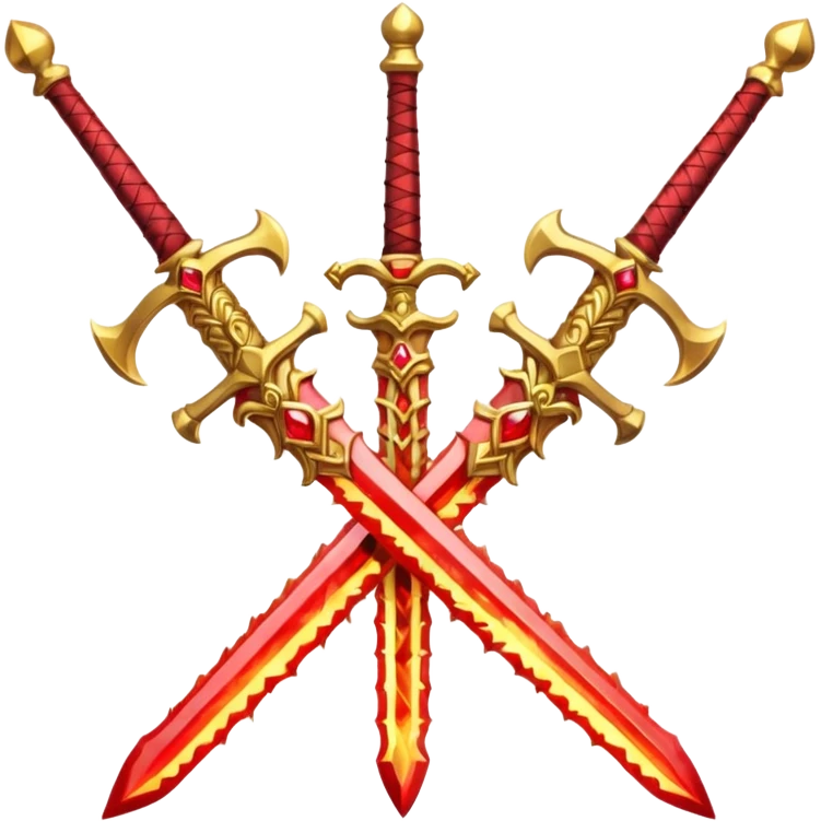 Two powerful on fire fully golden fiery royal crossed swords with red gems emoji
