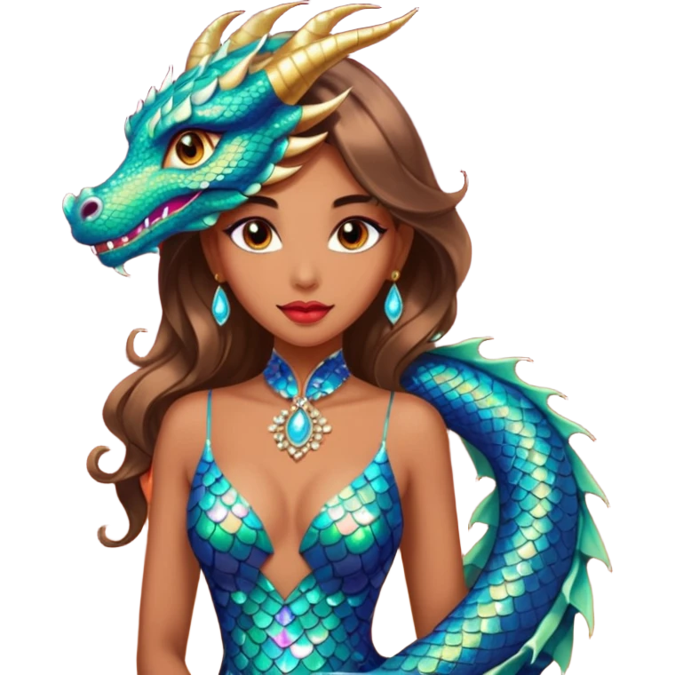 A gorgeous woman with dragon featured with glittering jeweled scales covering her body. She has large almond shaped eyes, lush lips, and she wears a stunning luminescent gown. emoji