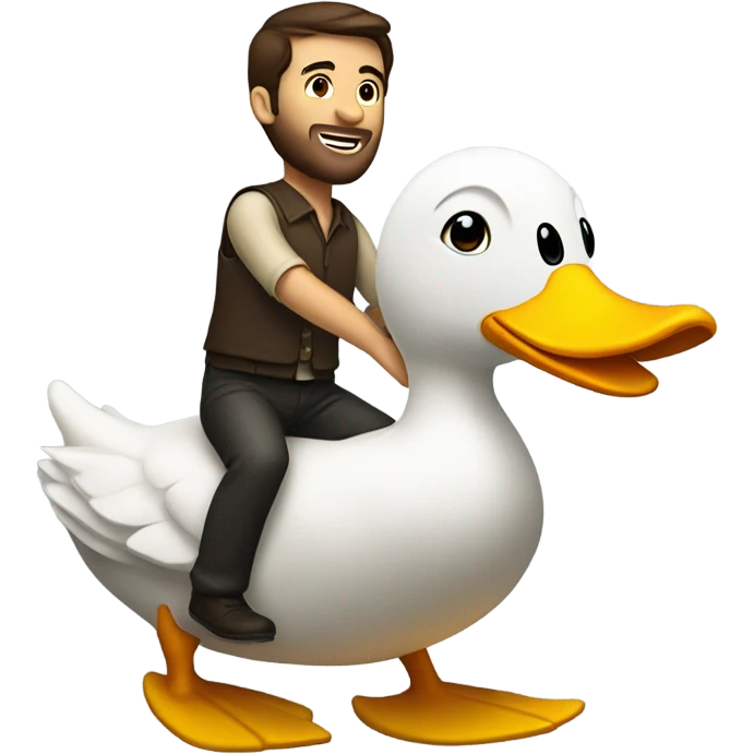 White Man with dark brown hair and a short beard riding on the back of a giant duck emoji