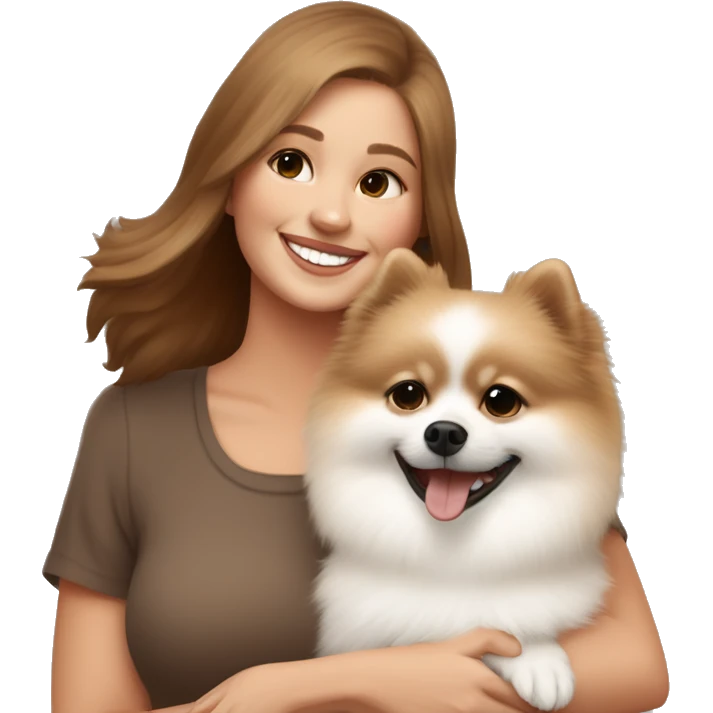 White and beige Pomeranian in the hands of a white young woman with brown hair smiling and cuddling the dog  emoji