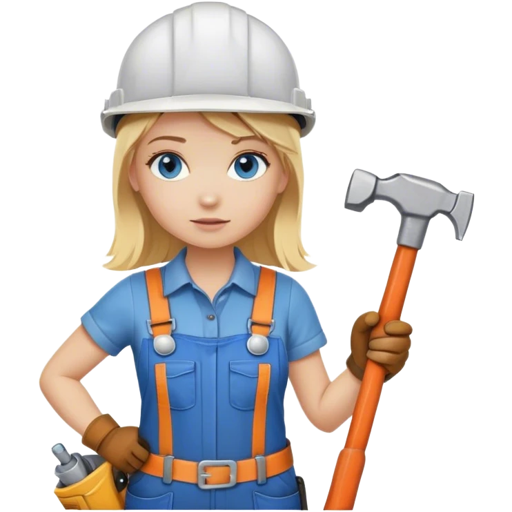 A blond girl blue eyes, handyman Outfit, wearing a Helmet and a Hammer, Whole body  emoji