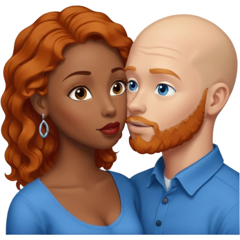 Bald white male with ginger beard and blue eyes kissing African American brown woman with black wavy hair emoji