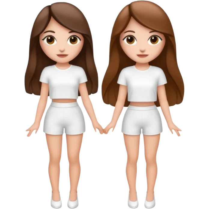 👯‍♀️ generate this emoji, as two white girls, bffs, the same pose but maybe the outfit cuter. we are models. both with brown hair. one girl in white outfit, the other in black. luxury outfits  emoji