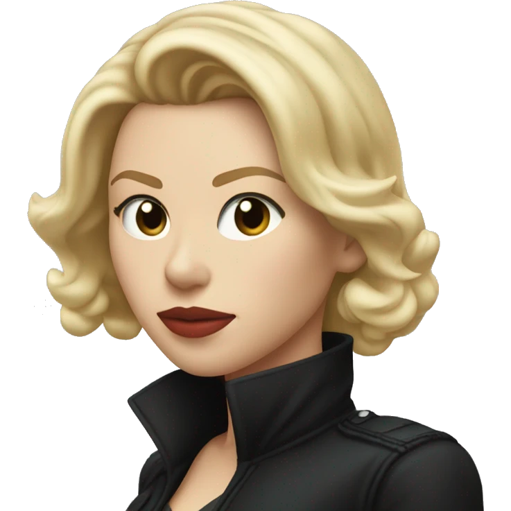 blonde Scarlett Johansson in black jacket pointing forward emoji