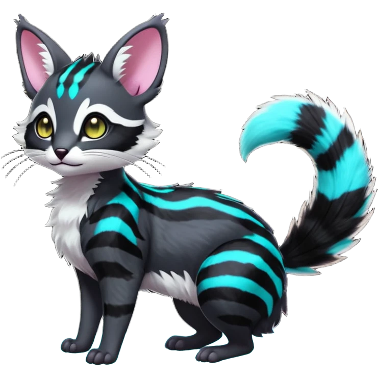  cute adorable pitch-Black-coated fur with glowing bioluminescent random colorful neon-markings divine beautiful elegant pretty precious cute young youthful  Fakémon-Pokémon-alien-opossum-feline-serval-caracal-chinchilla-Minccino-hybrid-creature with a big fluffy bushy striped tail (full body) emoji